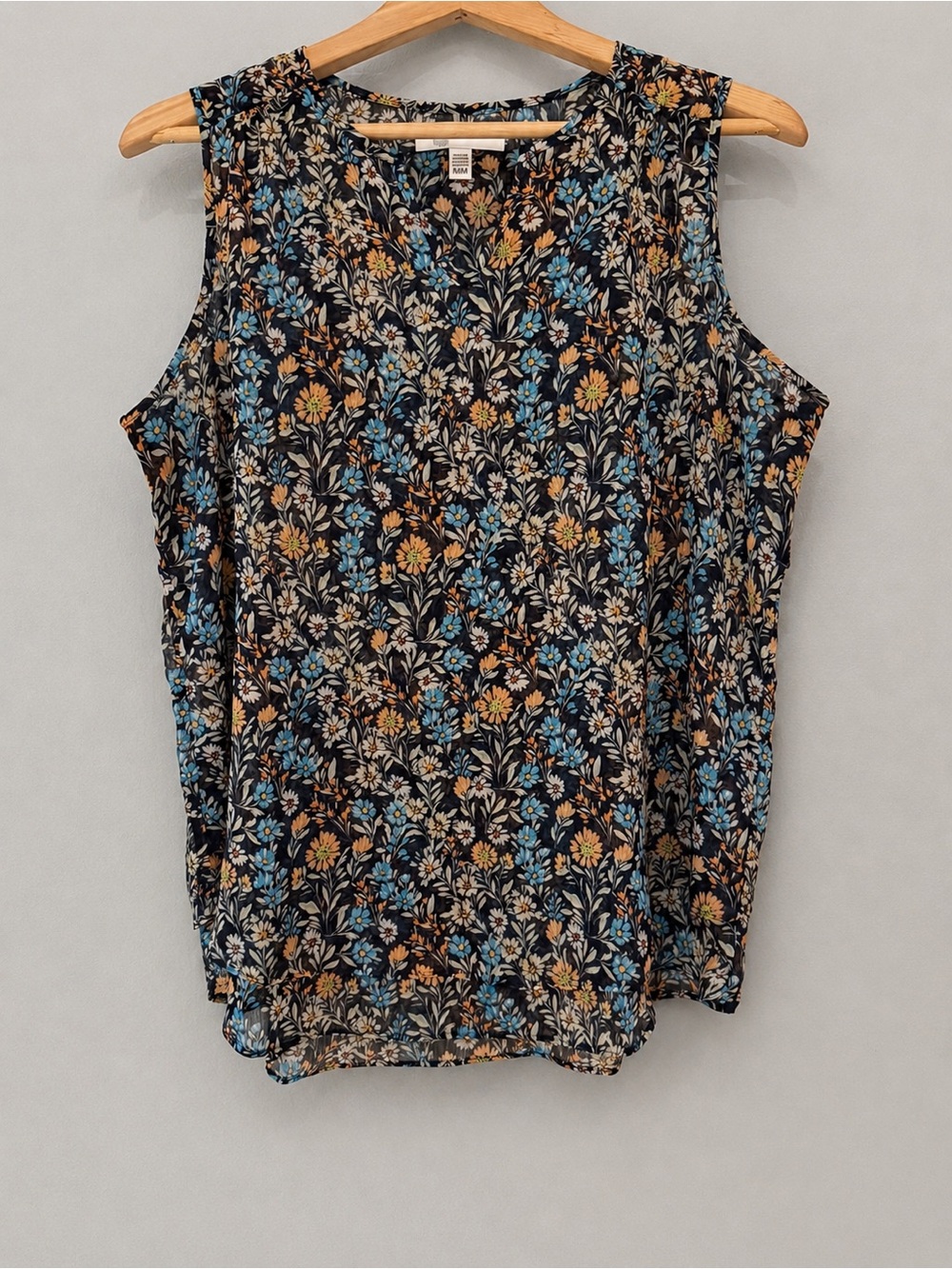 Cristina B Women’s Medium Sleeveless Floral Blouse Navy Blue Sheer Layered Hem